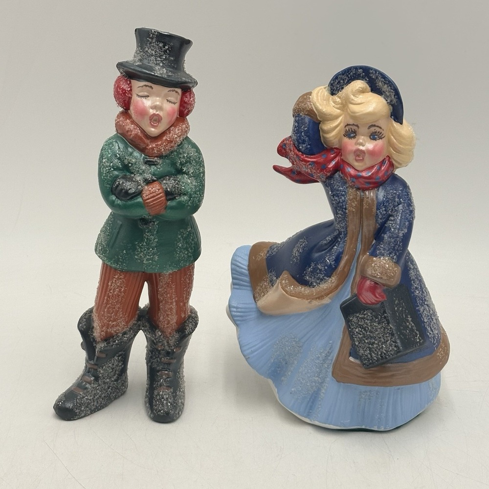 Vtg Atlantic Mold Ceramic Set Of 2 Christmas Carolers 10" Hand Painted Victorian